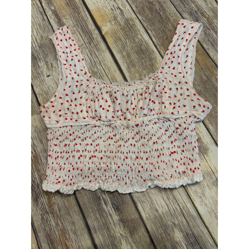 Blush Floral Print Sz L Smocked Crop Top ‎ Cotton Cottagecore Dainty coquette